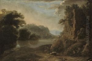 An Italianate Wooded River Landscape With A Figure By A Ruin by Gillis Neyts