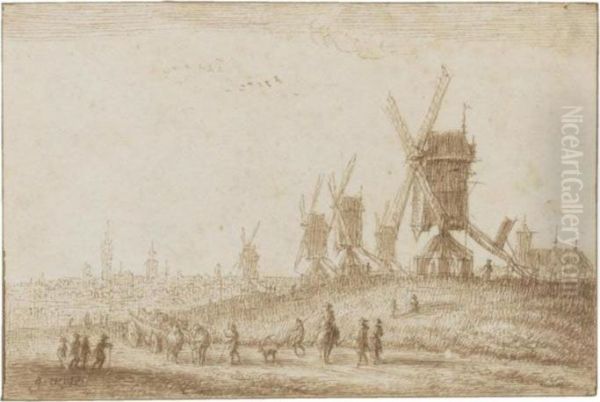 Travelers On A Road By Windmills And A Distant View Of Antwerp - view 1