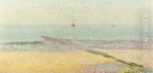 A Sunny Day - Beach Scene With Breakwater by Ferdinand Hart Nibbrig