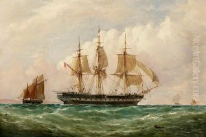 A British Frigate Of The Red Fleet Hove To Awaiting A Pilot Off France by Richard Henry Nibbs