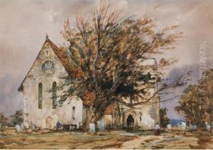 A Church Probably In Sussex With Aged Yew Tree by Richard Henry Nibbs