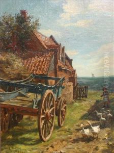 Young Girl Leadinggeese Beside A Cart And Farmhouse by Edwin Nichol