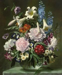 Lilies, Peonies, Poppies, Morning Glories, Fox Gloves And Other Flowers In A Glass Vase, On A Ledge by John E. Nicholls