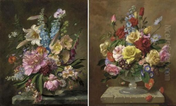 Roses And Other Flowers In A Glass Vase On A Stone Ledge - view 1