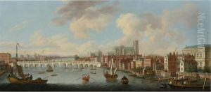 View Of The Thames And Old Westminster Bridge Looking Towards Westminster Abbey by Joseph Nicholls