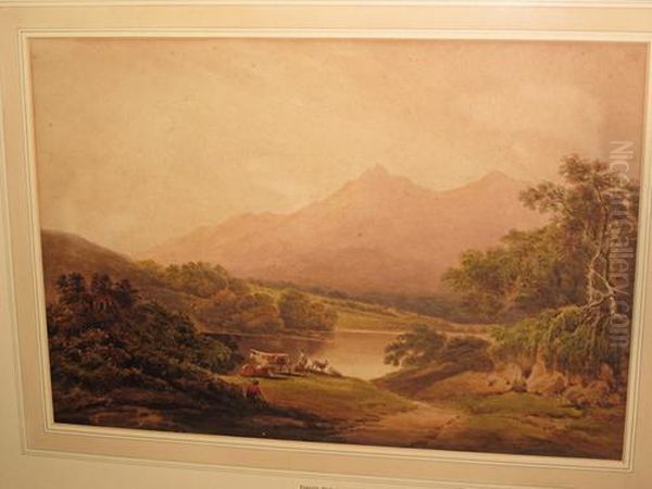 Shepherd, Cattle And Goats Before A Mountain Lake Landscape - view 1