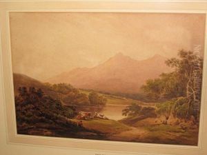 Shepherd, Cattle And Goats Before A Mountain Lake Landscape by Nicholson, F.