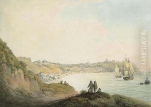 Figures Conversing On A Hill Overlooking Ships Anchored In Scarborough Bay