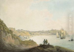 Figures Conversing On A Hill Overlooking Ships Anchored Inscarborough Bay by Nicholson, F.