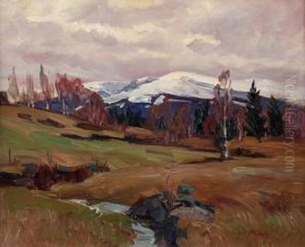 Fruhlingslandschaft Mit Schneebedeckten Bergen - view 1