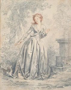 Young Woman With Her Dog In A Garden by Niclas II Lafrensen