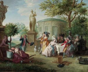 Elegant Company Dining In An Ornamental Garden, A Rotunda And Alandscape Beyond by Niclas II Lafrensen