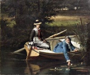 Two Girls In A Boat Picking Water Lilies by Erskine Nicol