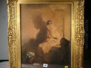 Interior Scene, Lady At A Table Sewing