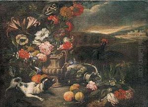 Bodegon De Flores Y Frutas Con Un Perro, Un Huron Y Un Gallo En Un Paisaje Bodegon De Flores Y Frutas Con Un Perro, Un Huron Y Un Gallo En Un Paisaje