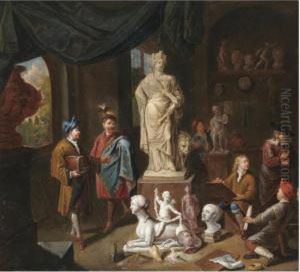 A Patron Surveying A Sculptor's Studio by Nicolaes Van Den Bosch