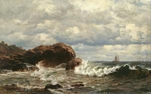 Rocky Coastal Landscape With A Ship In The Distance by James Craig Nicoll