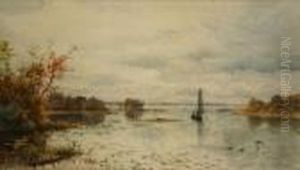Sailboat In An Autumn River Landscape by James Craig Nicoll