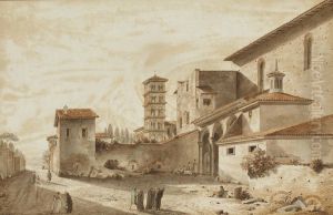 Vue Du Clocher De Saint Alexis Et Et L'entree De L'eglise De Sainte Sabine Sur Le Mont Aventin A Rome