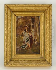 Enhanced Portrait On Panel Of Woman And Child In Landscape by Eduard Niczky