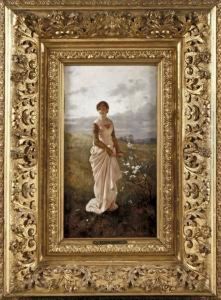 Madchen Am Strauch Mit Bluhenden by Eduard Niczky