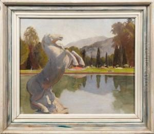 Oberbayerischeparklandschaft Mit Pferdeskulptur Am See