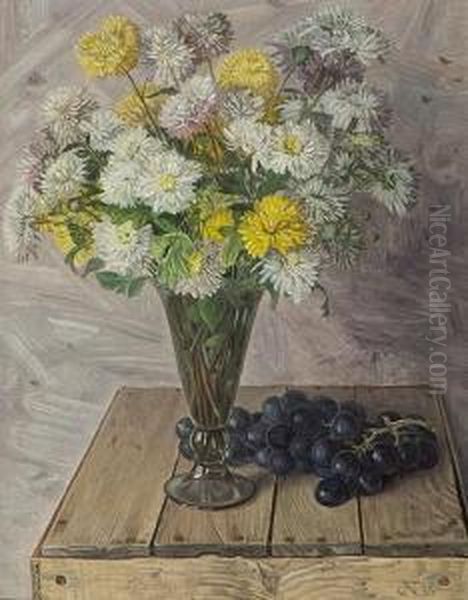 Still Life With Chrysanths In Glass Vase And Grapes On A Wooden Box - view 1