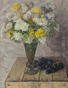 Still Life With Chrysanths In Glass Vase And Grapes On A Wooden Box by Jacob Nieweg