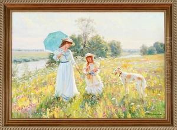 Nicolajevich Averin: Summer Atmosphere By The River Klazma Outside Moscow. Signed Averin - view 1
