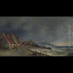 Figures On A Coastal Village by Herkis Hume Nisbet