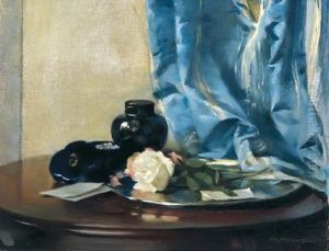 Stilleben Mit Rose Und Blauem Vorhang by Rudolf Nissl