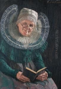 Portrait Of An Elderly Lady, Seated, With Alarge White Lace Collar Holding A Book by Richard Nitsch
