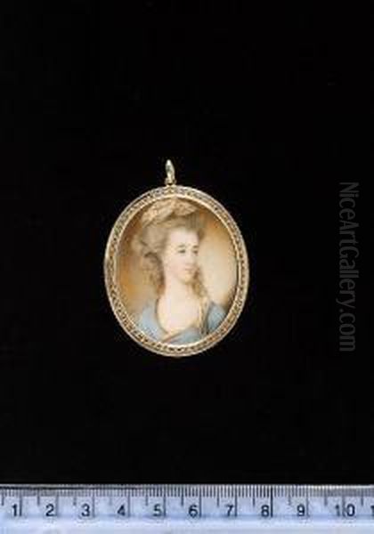 A Lady, Wearing Gold Trimmed Turquoise Dress And White Turban With Gold Decoration, Her Hair Powdered. - view 1