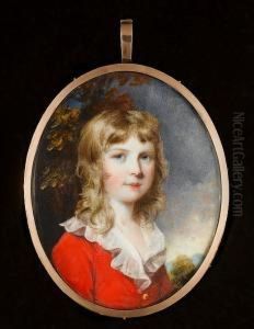 A Boy, Wearing Scarlet Coat With Gold Buttons And Frilled White Collar, Landscape And Foliage Background by James Nixon