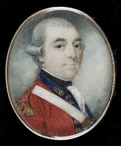 An Officer, Possibly Of The 1st Foot, His Scarlet Coat With Dark Blue Collar And Narrow Lapels Decorated With Fancy Embroidered Button Holes, His Shoulder Belt With A Rectangular Gilt Plate