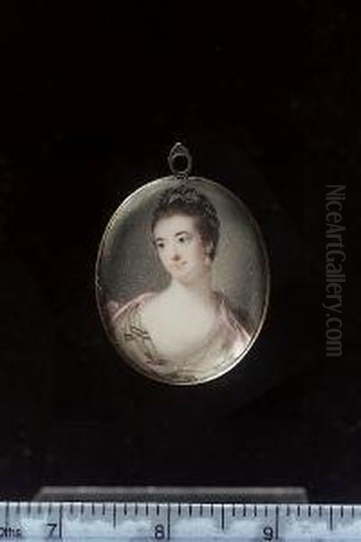 A Lady, Wearing Pale Pink Shawl Over Striped White Dress And White Underslip, A Strand Of Pearls Across Her Breast, Further Pearls And Pink Ribbon In Her Hair - view 1