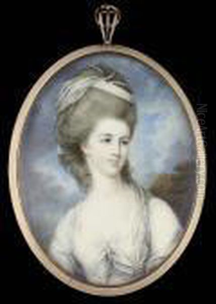 A Lady, Wearing White Robes, With Pale Pink Underdress, A Pale Blue Veil Draped From Her Powdered Hair And Through A Pearl Loop On Her Dress, Her Hair Adorned With Further Pearls, Wooded Landscape Background - view 1