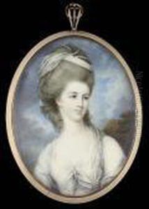 A Lady, Wearing White Robes, With Pale Pink Underdress, A Pale Blue Veil Draped From Her Powdered Hair And Through A Pearl Loop On Her Dress, Her Hair Adorned With Further Pearls, Wooded Landscape Background by James Nixon