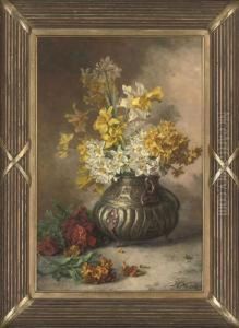 Daffodils And Narcissi In An Urn With Wallflowers To The Side Daffodils And Narcissi In An Urn With Wallflowers To The Side