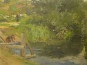 Lavandieres Au Bord De La Riviere by Auguste Michel Nobillet