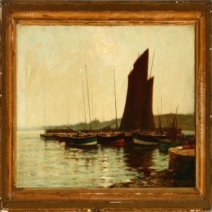 A Habour Scene With Several Fishing Dinghys On A Calm Afternoon