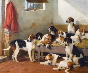 Hounds On A Bench In A Kennel by John Sargent Noble