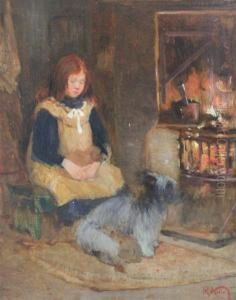 Girl And Dog Beside A Hearth by Robert Noble