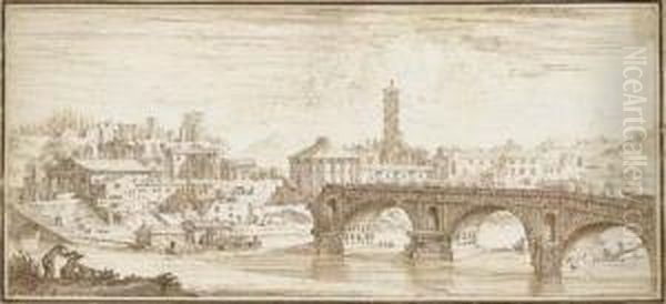 Vue Du Ponte Rotto A Rome, Deux Figures Au Premier Plan - view 1