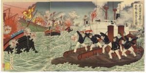 Our Navy Attacks An Enemy Ship By Torpedo Boat by Watanabe Nobukazu