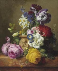 Roses, Tulips, Morning Glory, Delphinium And Primrose In A Terracotta Vase On A Marble Ledge by Charles Node-Veran