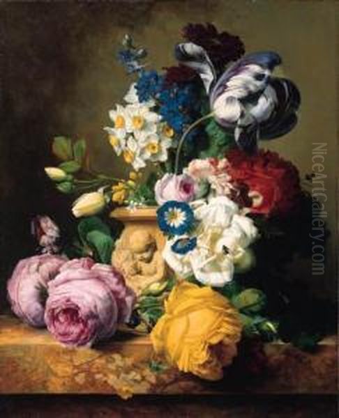 Roses, Tulips, Morning Glory, Delphinium And Primrose Peerless In Aterra Cotta Vase On A Marble Ledge - view 1