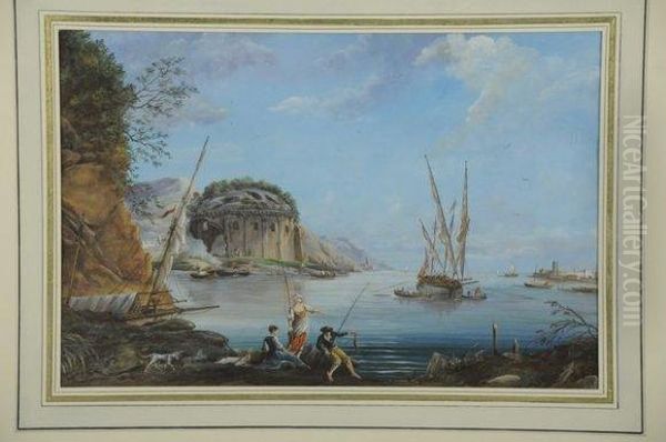 Pecheurs Au Bord De La Mer Pres D'une Rotonde En Ruines. - view 1