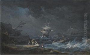 A Shipwreck At Nighttime Off A Rocky Mediterranean Coast by Noel, Alexandre Jean