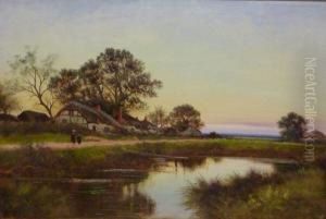 Evening Landscape With Figures And Cottages